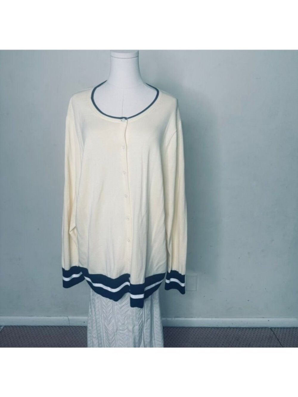 Lands End Womens 2X Cardigan Ivory & Navy Trim 100% Cotton Button Front Plus